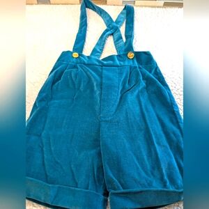 Vintage 80s Kids Shorts Suspenders 3T Velvet Green Overalls  w Gold Buttons